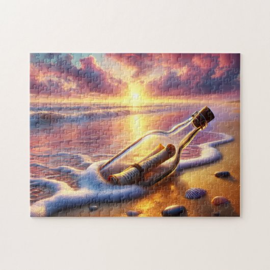 Fles met Bericht Sunset Beach Kust Legpuzzel (Horizontaal)