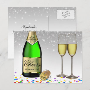 Fles met bruisende wijn Gelukkig Nieuwjaar 2027 Feestdagenkaart
