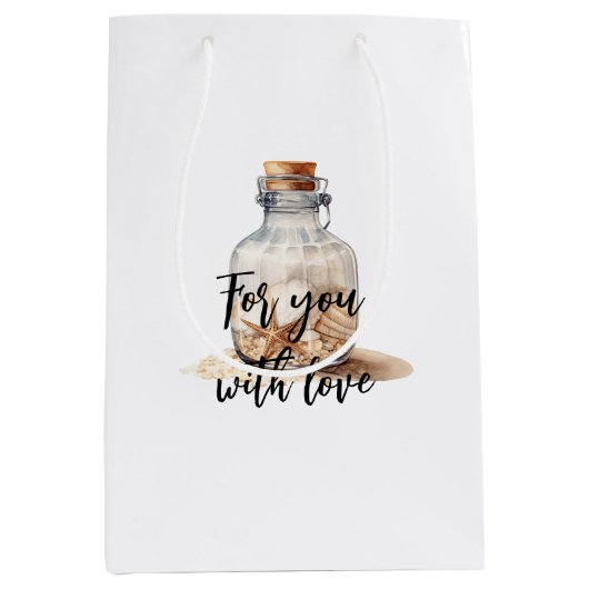Fles met strandzand en zeester medium cadeauzakje (Voorkant)