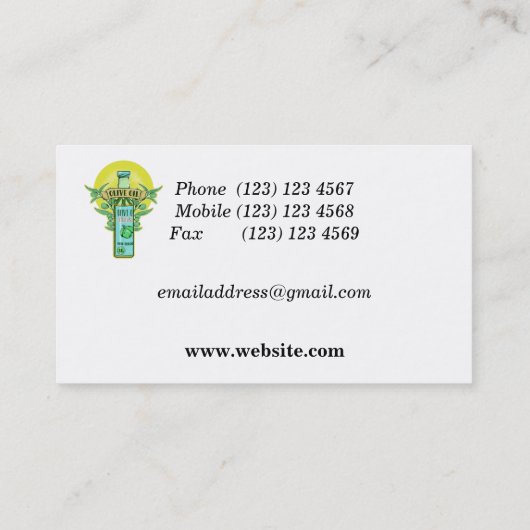 Fles van olijfolie visitekaartje (Achterkant)