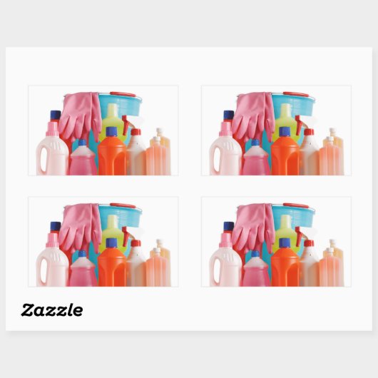 Fles wasmiddel en emmer rechthoekige sticker (Vel)