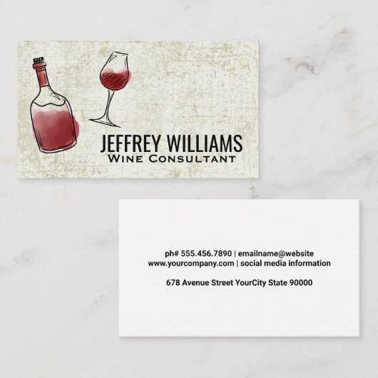 Fles wijn en glas | rode wijn visitekaartje (Voorkant / Achterkant)
