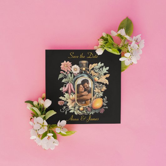 fles wijn met botanisch ontwerp, save the date feestdagenkaart