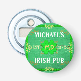 flesje met de Ierse Pub Green Jouw naam Button Flesopener