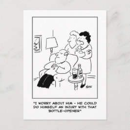 Flesopener blessure cartoon. Grappig Briefkaart