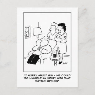 Flesopener blessure cartoon. Grappig Briefkaart