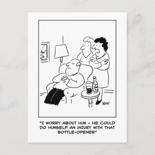 Flesopener blessure cartoon. Grappig Briefkaart (Voorkant)