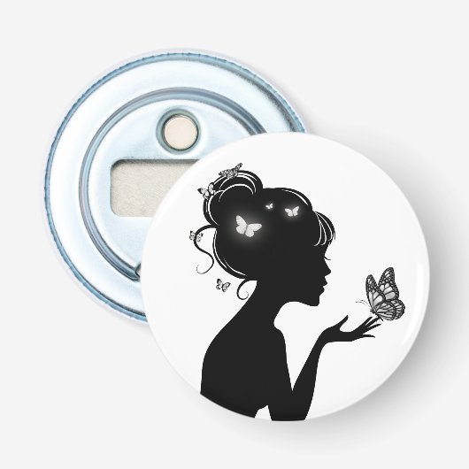Flesopener De vrouw witte vlinders Button Flesopener (Voorkant)