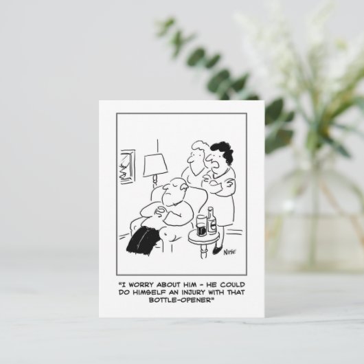 Flesopener letsel cartoon. grappig briefkaart (Staand voorkant)