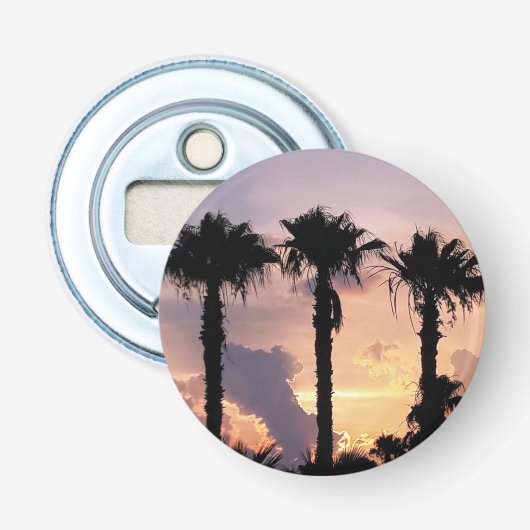 Flesopener met palmboom bij zonsondergang – Bartoo Button Flesopener (Voorkant)