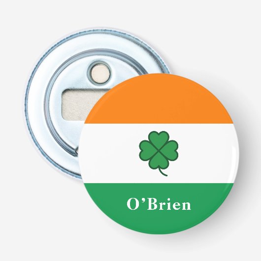 Flesopener met vlag van Ierland en achternaam Button Flesopener (Voorkant)