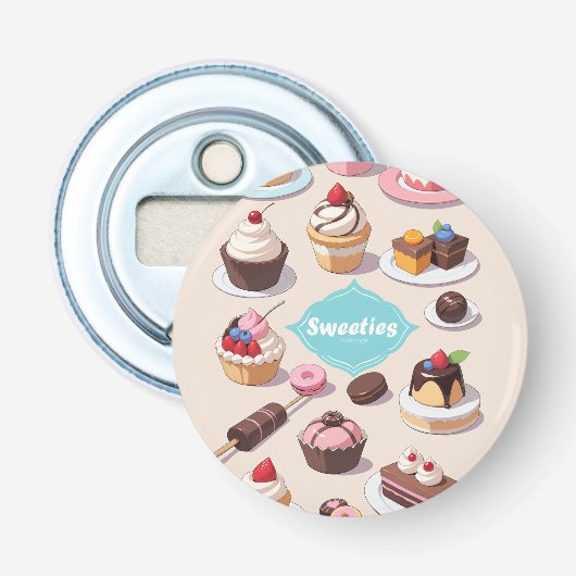 Flesopener met zoetigheidsknop button flesopener (Voorkant)