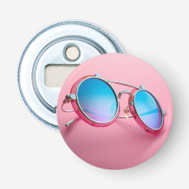 Flesopener met zonnebrilthema, roze cool button flesopener