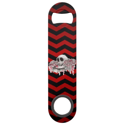 Flesopener schedel Rozen gothic Chevron rood en zw Speed Flessenopener (Voorkant)