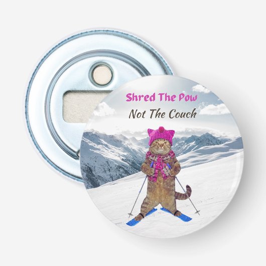 Flesopener, versnippert de Pow Ski Cat Button Flesopener (Voorkant)