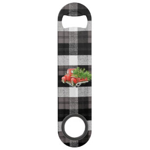 Flesopener XMAS Truck Baffalo Plaid Zwart Wit Speed Flessenopener