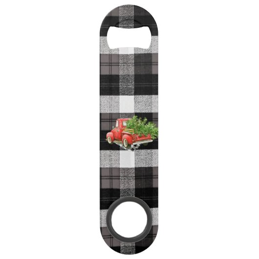 Flesopener XMAS Truck Baffalo Plaid Zwart Wit Speed Flessenopener (Voorkant)