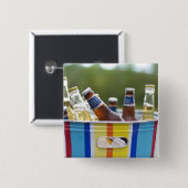 Flessen bier in ijsemmer vierkante button 5,1 cm (Voorkant /achterkant)