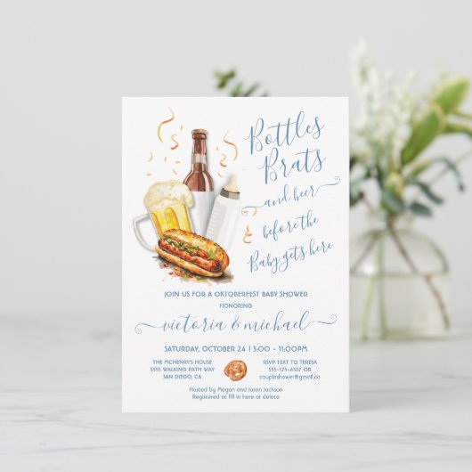 Flessen Brats en Beer Oktoberfest Baby shower Kaart (Staand voorkant)