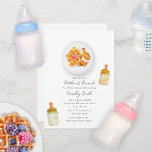 Flessen   Brunch Chicken   Waffle Baby shower Kaart<br><div class="desc">Het thema "flessen en brunch" van Brunch baby shower met waterverf Geïnspireerde illustratie van baby,  en kip en wafels met aardbeien op een bord.</div>