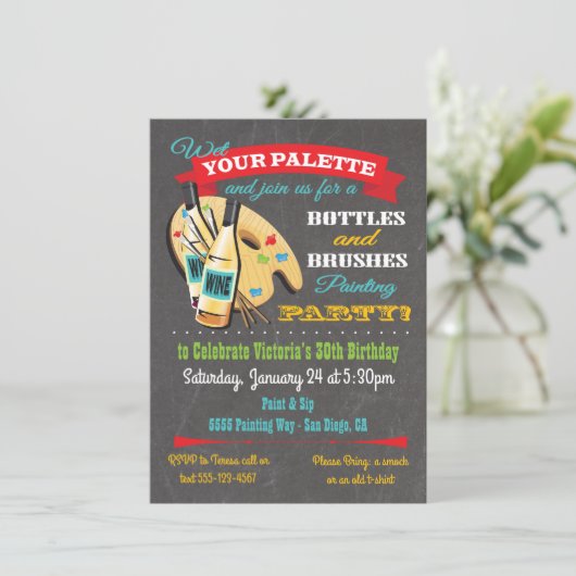 Flessen en penselen schilderen en Sip Art Party Kaart (Staand voorkant)