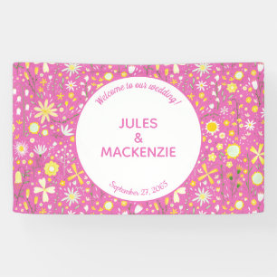 Flessen flankerende, roze, wilde bloemen spandoek