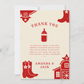 Flessen & Laarzen Cowboy Retro Rood Baby shower Bedankkaart (Voorkant)