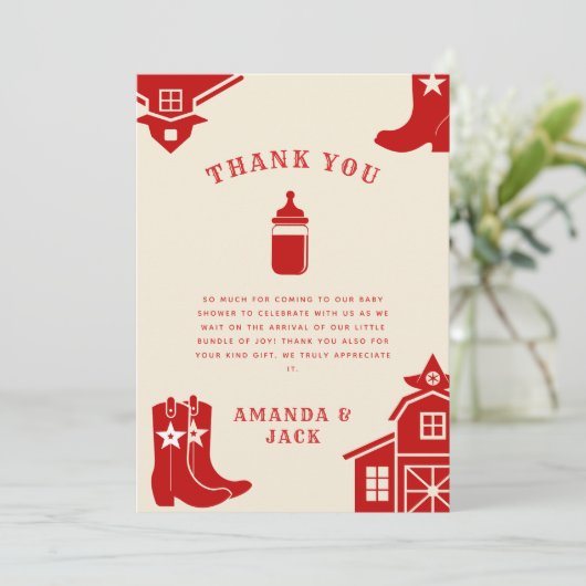 Flessen & Laarzen Cowboy Retro Rood Baby shower Bedankkaart (Staand voorkant)