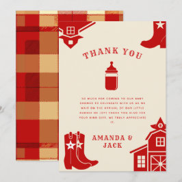Flessen & Laarzen Cowboy Retro Rood Baby shower Bedankkaart