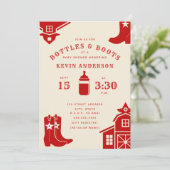 Flessen & Laarzen Cowboy Retro Rood Baby shower Kaart (Staand voorkant)