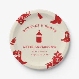 Flessen & Laarzen Cowboy Retro Rood Baby shower Papieren Bordje