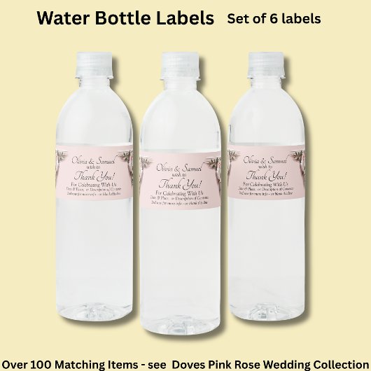 Flessenetiket, Roze Rozen & Duiven Waterfles Etiket