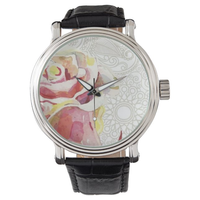  flessenpatroon met roze Waterverf Roos Horloge (Voorkant)