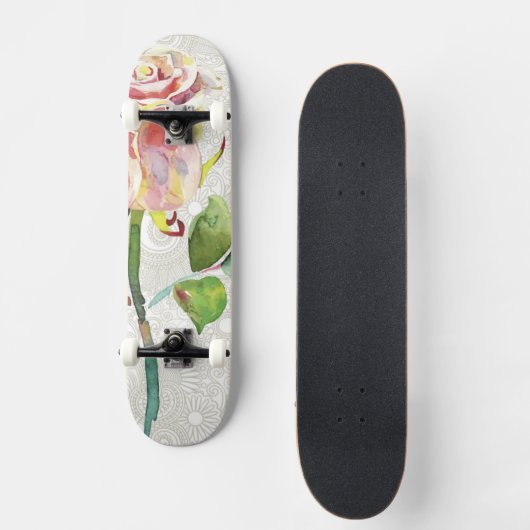  flessenpatroon met roze Waterverf Roos Persoonlijk Skateboard (Voorkant)