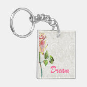 flessenpatroon met roze Waterverf Roos Sleutelhanger (Voorkant Links)