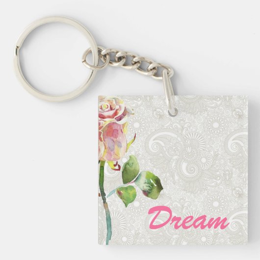 flessenpatroon met roze Waterverf Roos Sleutelhanger (Voorkant)