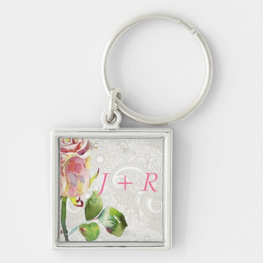 flessenpatroon met roze Waterverf Roos Sleutelhanger (Voorkant)