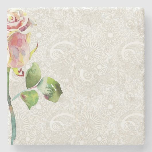 flessenpatroon met roze Waterverf Roos Stenen Onderzetter (Voorkant)