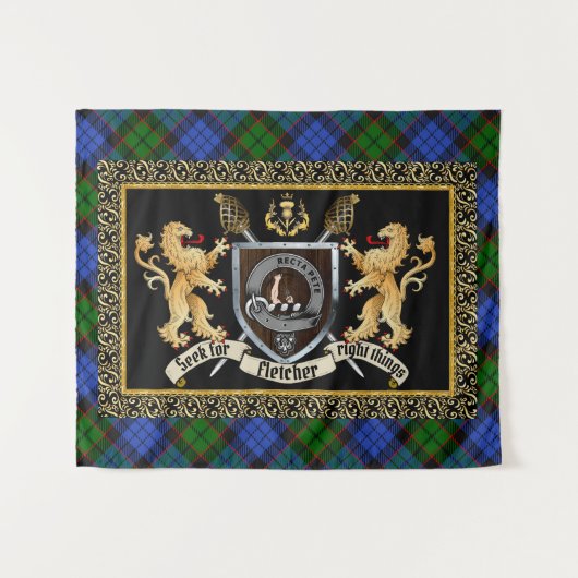 Fletcher Clan Badge & Motto w/Lions Wandkleed (Voorkant (horizontaal))