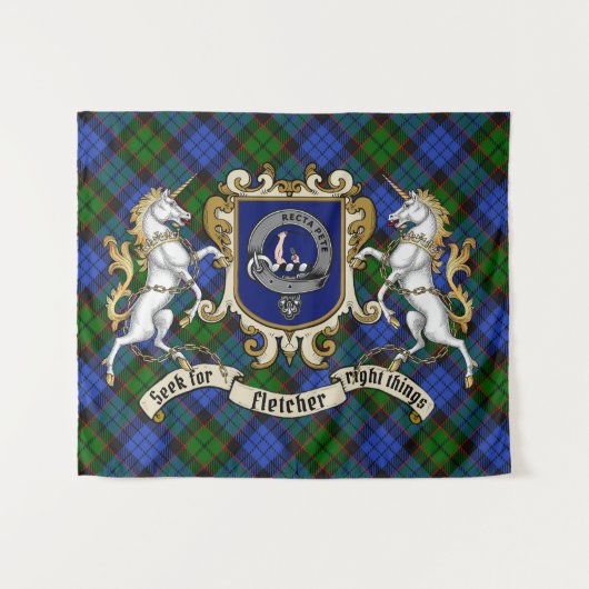 Fletcher Clan Badge & Unicorns w/Tartan Wandkleed (Voorkant (horizontaal))