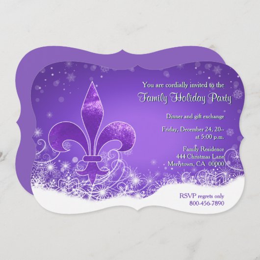 Fleur and Snowflake Purple Holiday Invitation Kaart (Voorkant / Achterkant)