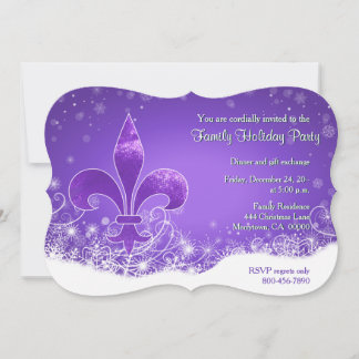 Fleur and Snowflake Purple Holiday Invitation Kaart