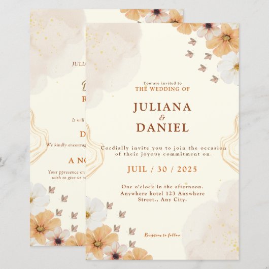 Fleur Cream Floral Wedding Invitation with Details (Voorkant / Achterkant)