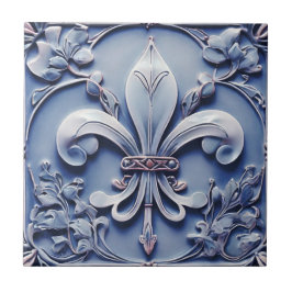 Fleur de Lis Antiek Blue Faux Relief Tegeltje