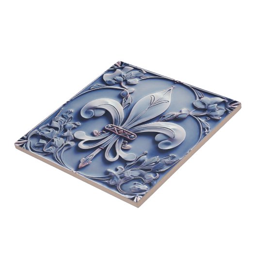 Fleur de Lis  Antiek Blue Faux Relief Tegeltje (Zijkant)