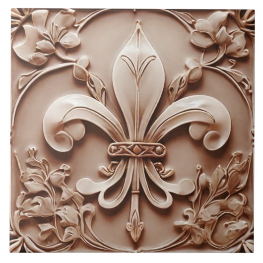 Fleur de Lis  Antiek Brown Faux Relief Tegeltje (Voorkant)