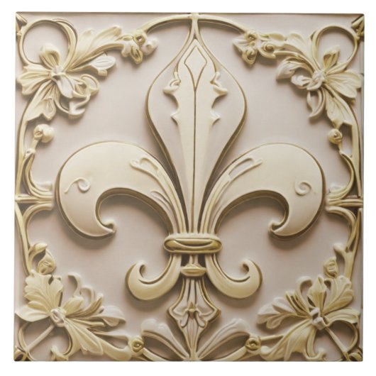 Fleur de Lis Antiek Cream Gold Beige Faux Relief Tegeltje (Voorkant)