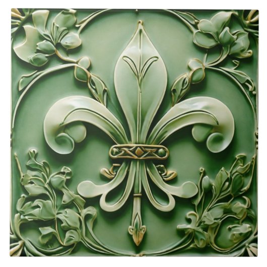 Fleur de Lis  Antiek Green Faux Relief Tegeltje (Voorkant)