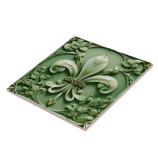 Fleur de Lis  Antiek Green Faux Relief Tegeltje (Zijkant)