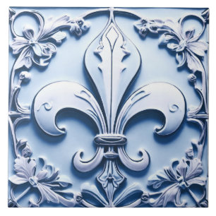 Fleur de Lis Antiek Lichtblauw Faux Relief Tegeltje